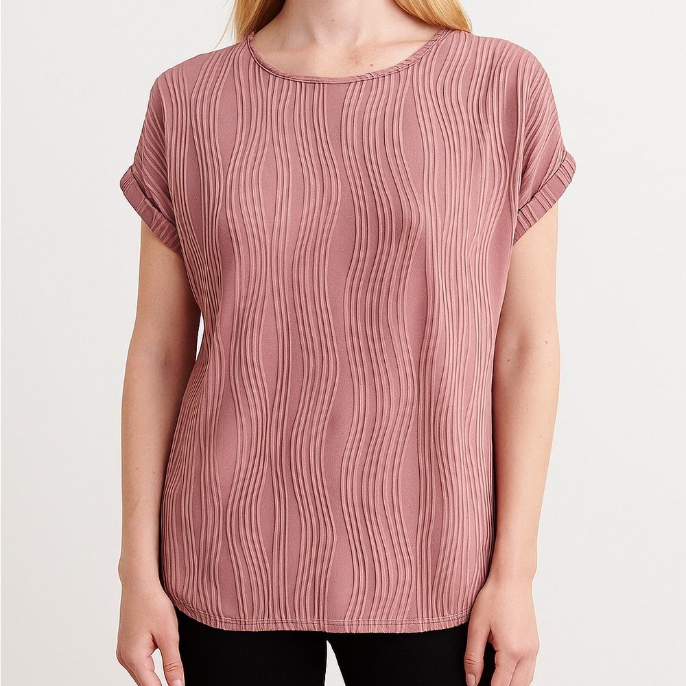 Women's Dusty Rose Pink Textured Wave Pattern Short Sleeve Blouse - Size M